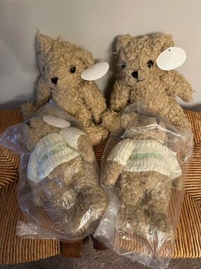 Set of 4 Adorable Curly Beige Teddy Bears - Knit Sweater Accent
